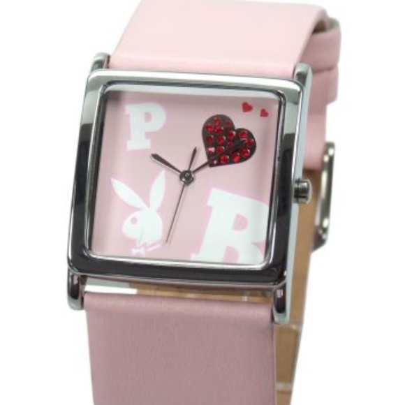 Playboy Watch Bunny Pink Leather Red Heart Crystal - Picture 4 of 4